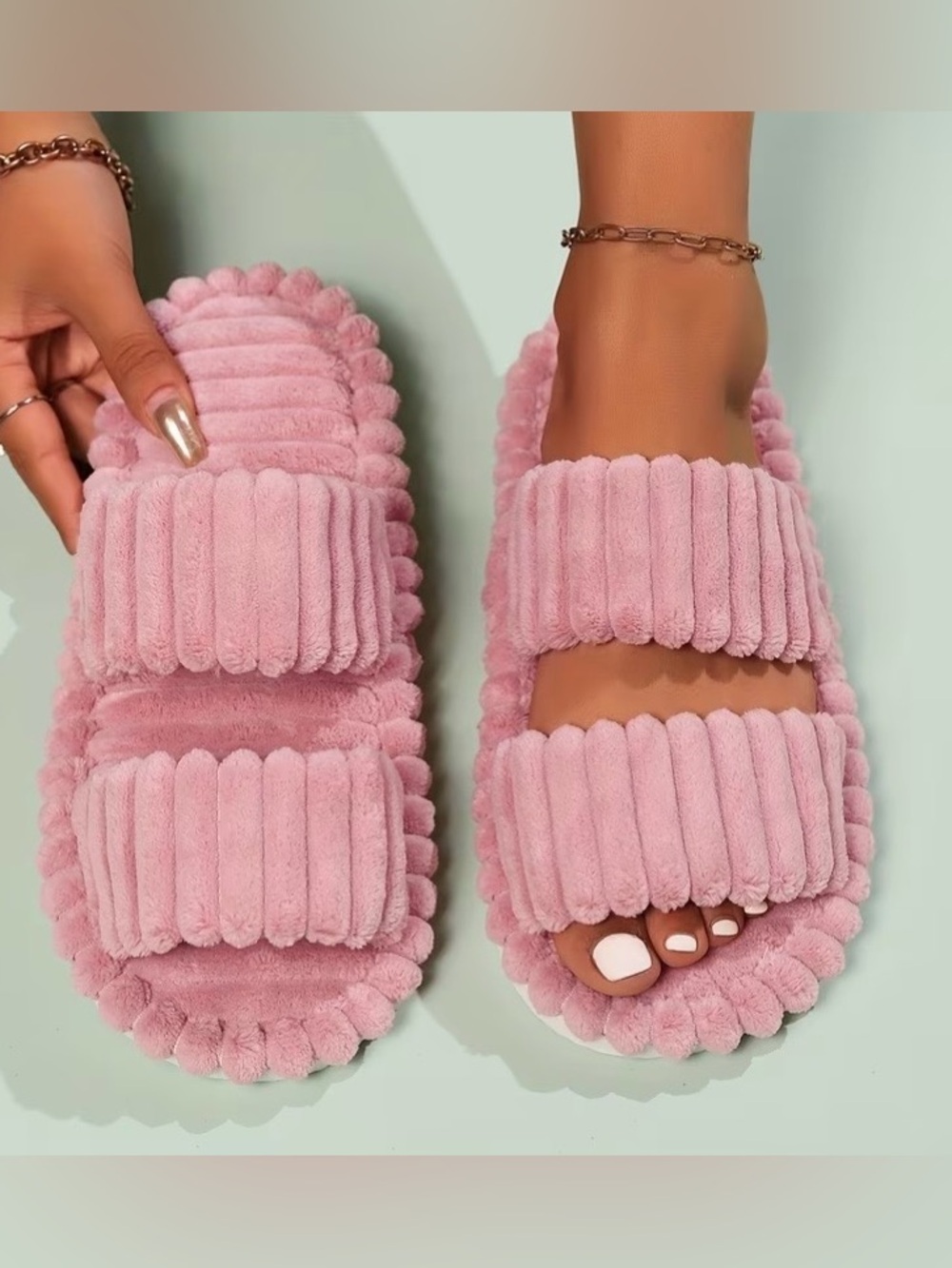 Pink Plush Double-Band Slide Slippers
